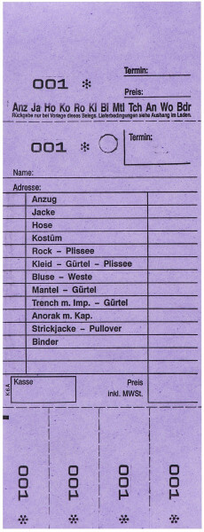 Detailansicht der Hydrofix Kombikarte K6A (lila)Abholschein, Artikelvordruck, Termin und Abrisse